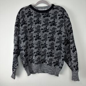 Vtg Crewneck Sweater Mens Large Grey Black Wool Blend Grandpa Biggie Cosby 90s